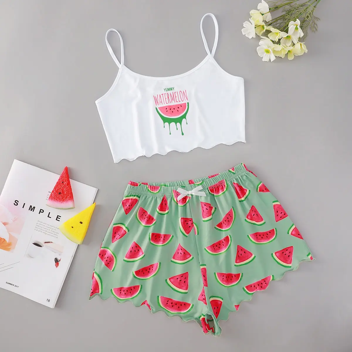 Cartoon Printed Pajamas Women's Suspender Cami Short Underwear Nightdress Set Stylish Sexy Home Women's Underwear Nightdress Set