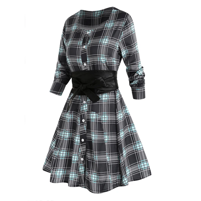 

Plaid Print Belted Long Sleeve High Waisted A Line Mini Casual Shirt Dress