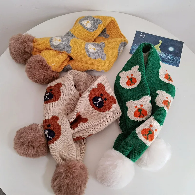 

Детские шерстяные шарфы для мальчиков и девочек одежда зимние вязаные детские теплые шарфы с мультяшным медведем