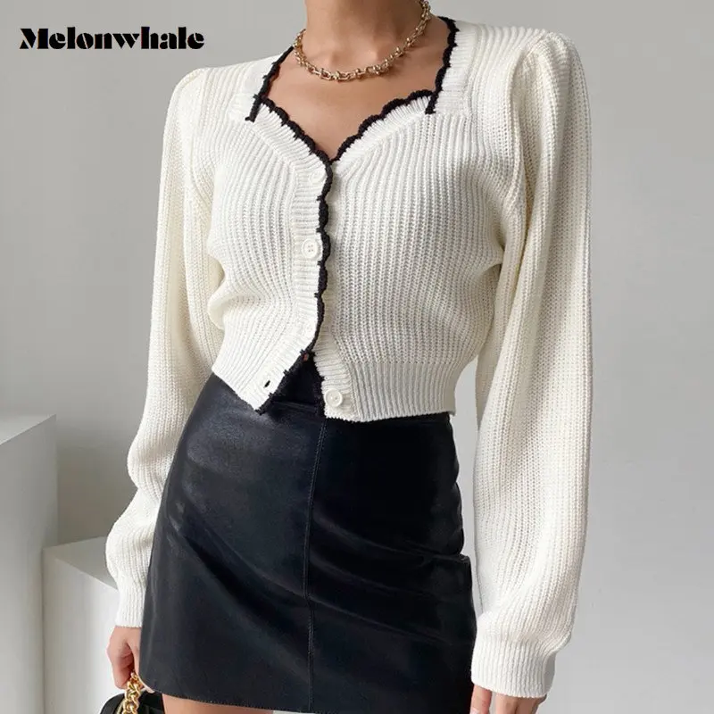 

2022 High Quality Waffle-Knit Elegant Square Collar Knitted Cardigans White Korean Chic Long Sleeve Women Crop Tops Sweater Coat