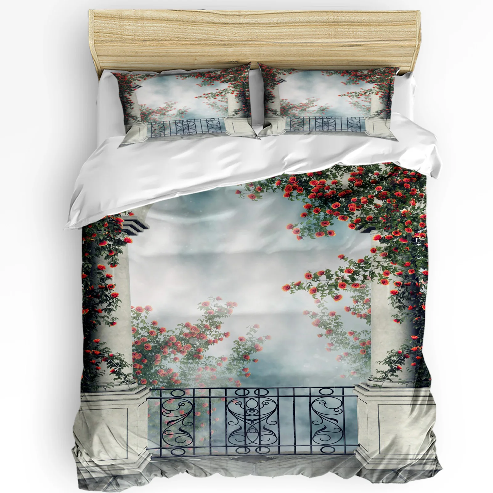 

Balcony Rose Flower Vine Arch Fog 3pcs Bedding Set For Bedroom Double Bed Home Textile Duvet Cover Quilt Cover Pillowcase