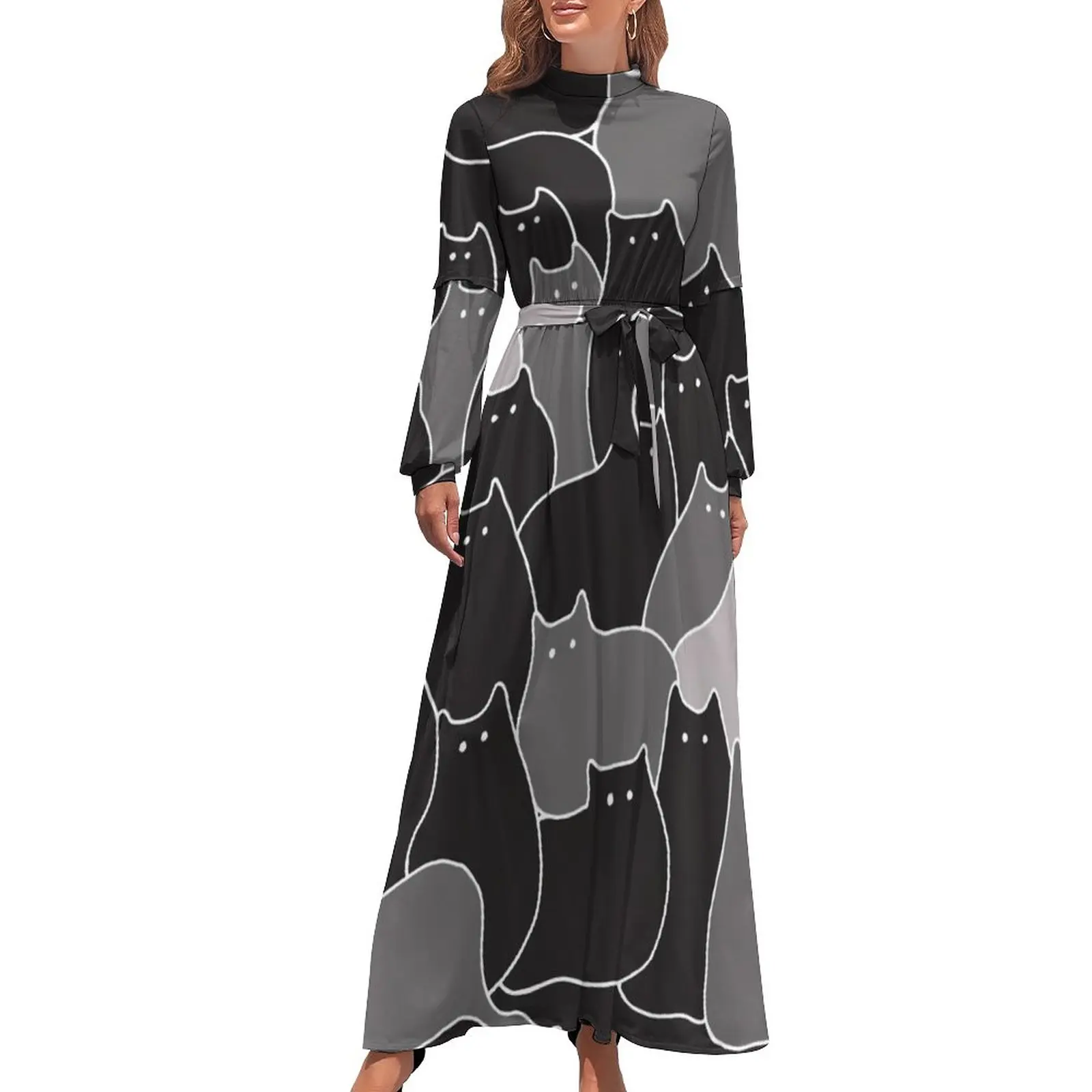 

Забавное платье в виде черной кошки, много кошек, женское Макси-Платье, повседневные богемные длинные платья, графическая одежда с высокой талией