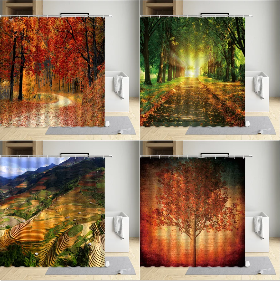 

Red Maple Leaves Landscape Shower Curtain Home Bathroom Waterproof Screens Belt Hooks Modern Environmental Protection Fabric