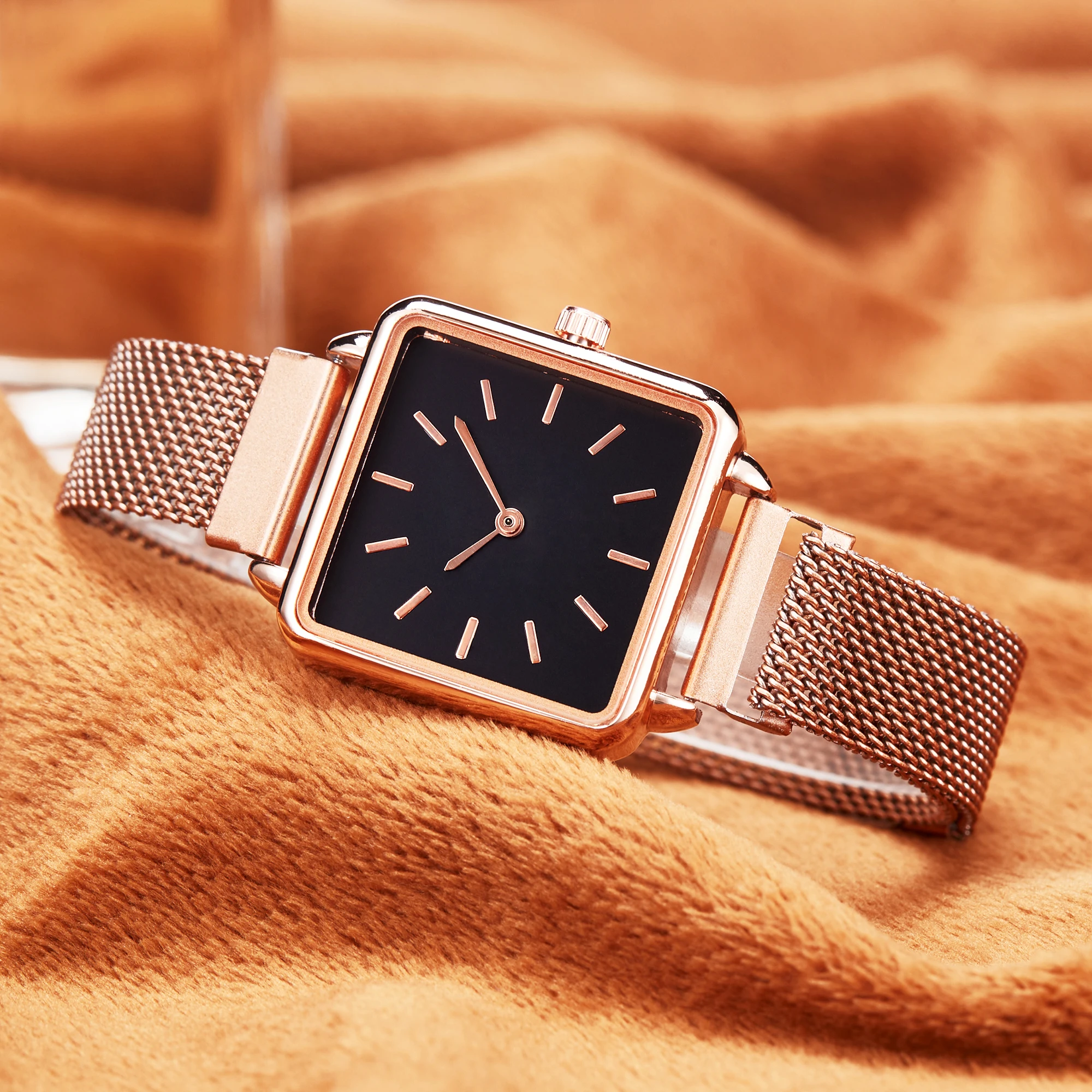

New Luxury Gold Women Watch Fashion Mesh Stainless Steel Wristband Rectangle Digital Female Clock Women's Watches