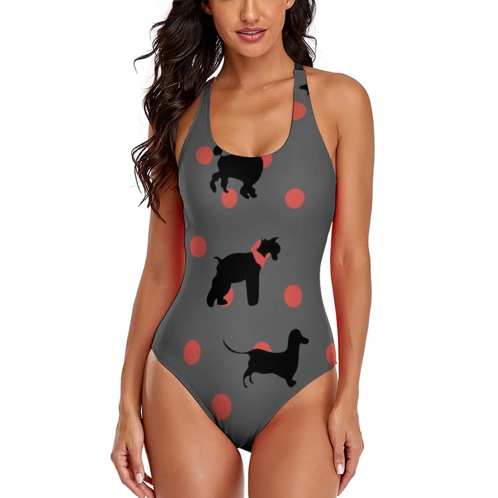 

Black Cute Dog Swimsuit Sexy Polka Dots Print One Piece Swimwear Women Push Up Bodysuit Stylish Monokini Graphic Beach Wear Gift