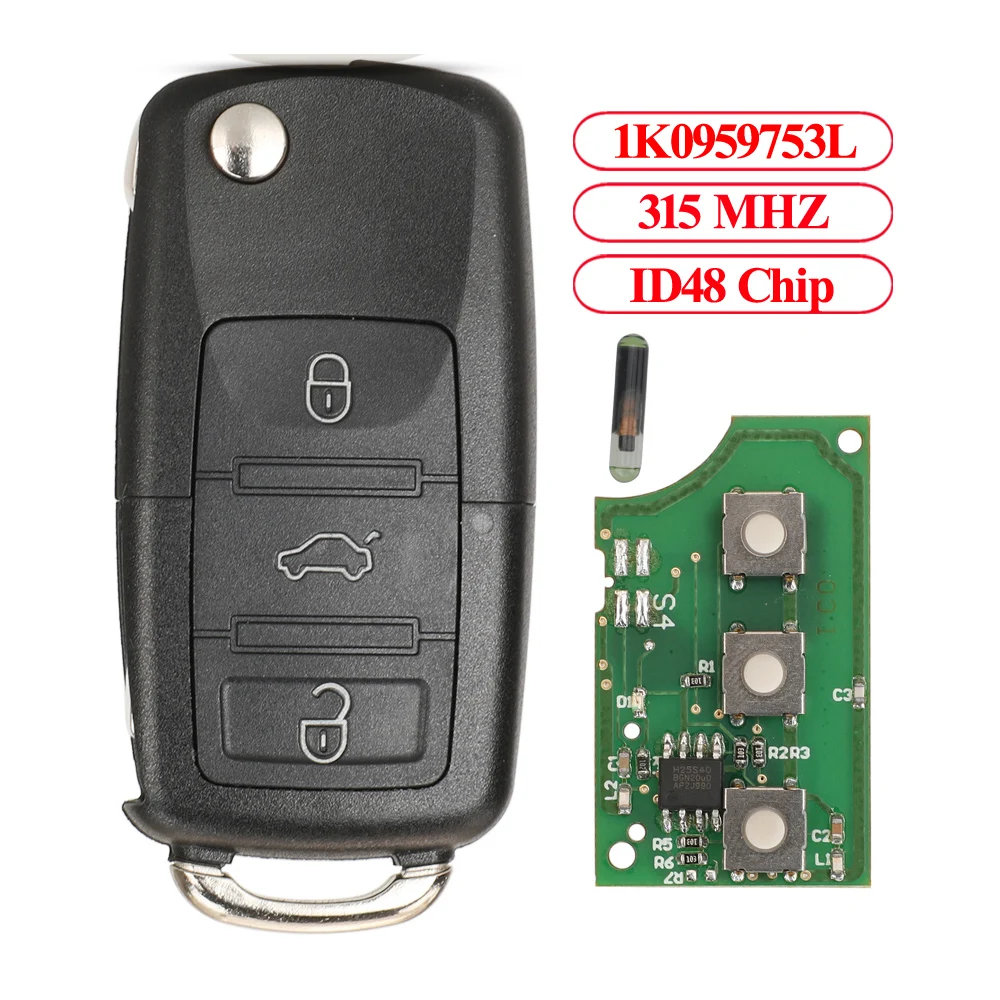 

3-кнопочный дистанционный ключ Jingyuqin 315 МГц ID48 для VW Golf 4 5 6 Jetta Passat CC Tiguan Polo Beetle Touran 1J0959753DJ 1K0959753L