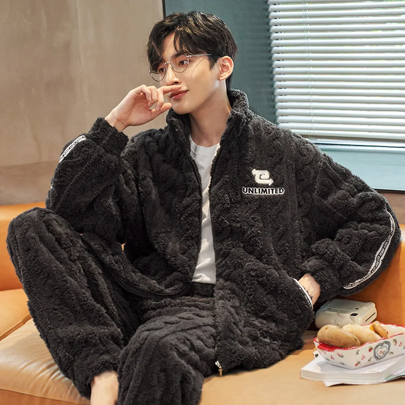 QUHENG Winter Men's Pajamas Sets Layers Warm Thick Coral Fleece Sleepwear Long Sleeve Turn-Down Collar Male Deity Pijamas Suits