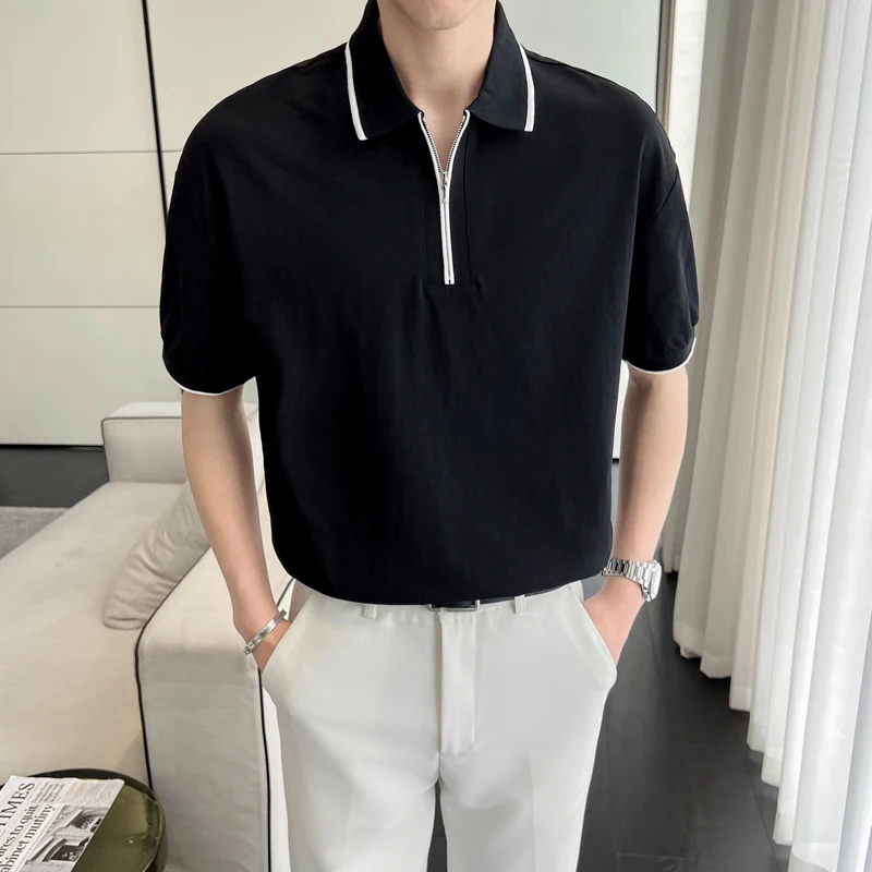 

2022 Solid Color Polo Shirts Men Short Sleeve Loose Business Social Polos Casual Streetwear Hip Hop Lapel Tee Tops Men Clothing