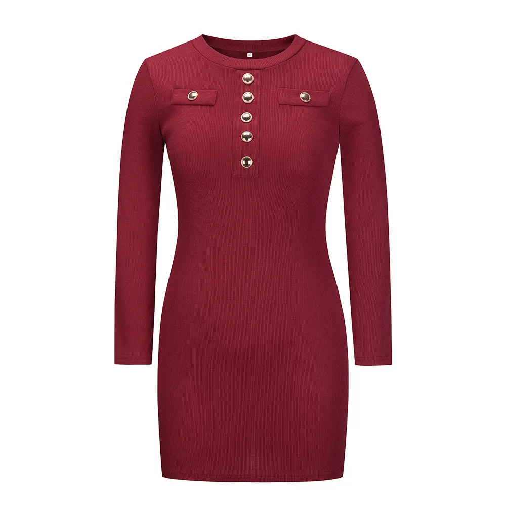 

Casual knitted rib dress button waist women's dress