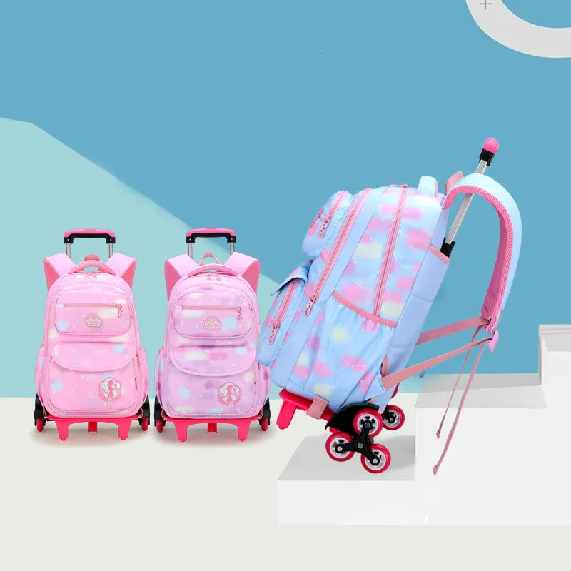 kids Wheeled Trolley Backpacks Removable princess Children School Bags 3 Wheels Stairs Kids girls Schoolbags Luggage Book Bags