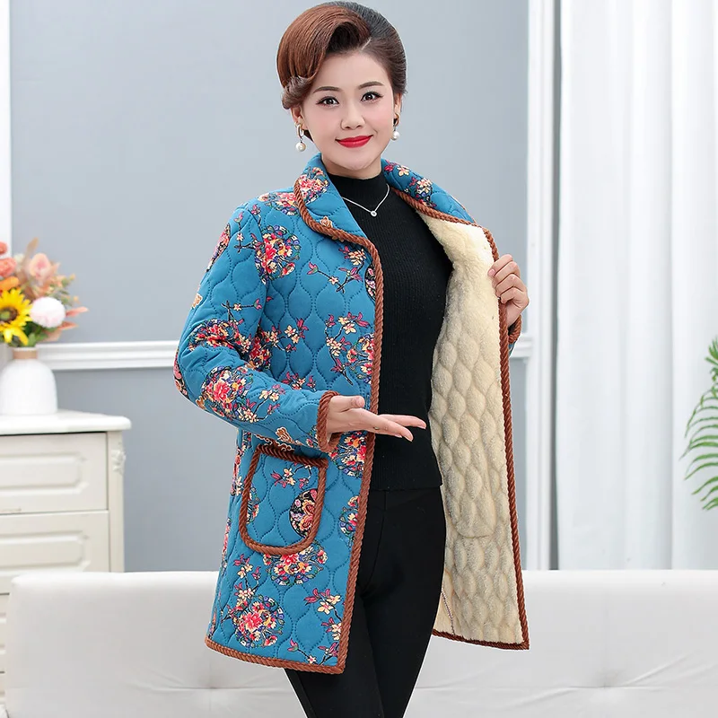 Winter Women Floral Quilted Basic Coat Red Green Blue Flower Thicken Warm Fleece Lining Overcoat Aged Woman Thermal Padded Coats