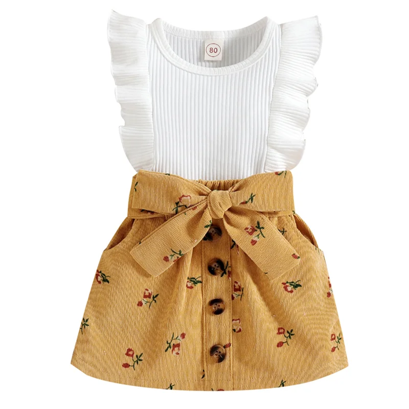 

1-5 Years Baby Clothing Sets for Girl Fashion White Flying Sleeve Top+Floral Corduroy Skirt Suit Summer New Cotton Kids Clothes