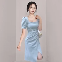 2022 womens new summer korean style high end temperament french high end feeling square neck bubble sleeve slim split dress
