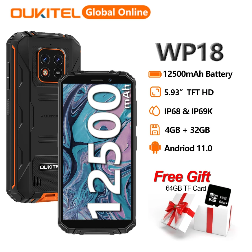 

OUKITEL WP18 12500mAh Battery Rugged Smartphone 4GB+32GB 5.93"HD Quad-Core Helio A22 Cell Phone Android 11 Mobile Phone