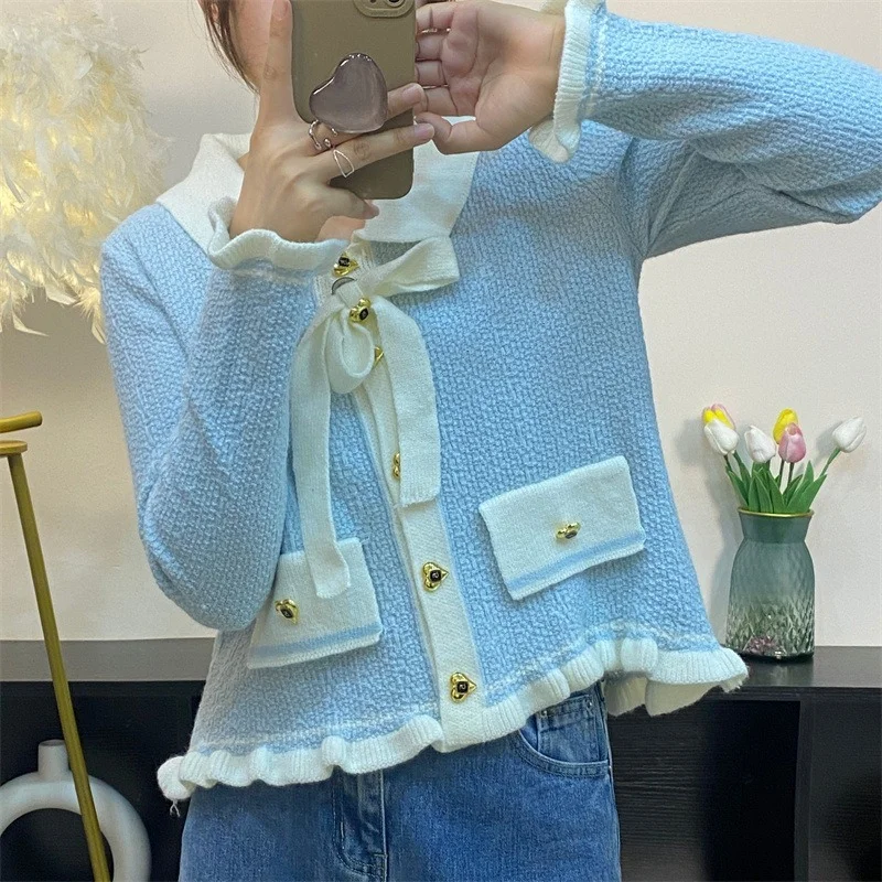 

WDMSNA Korean Chic Long Sleeve Women Cardigan Lapel Bow Knitted Sweater Ruffled Single-breasted Solid Color Woman Sweaters