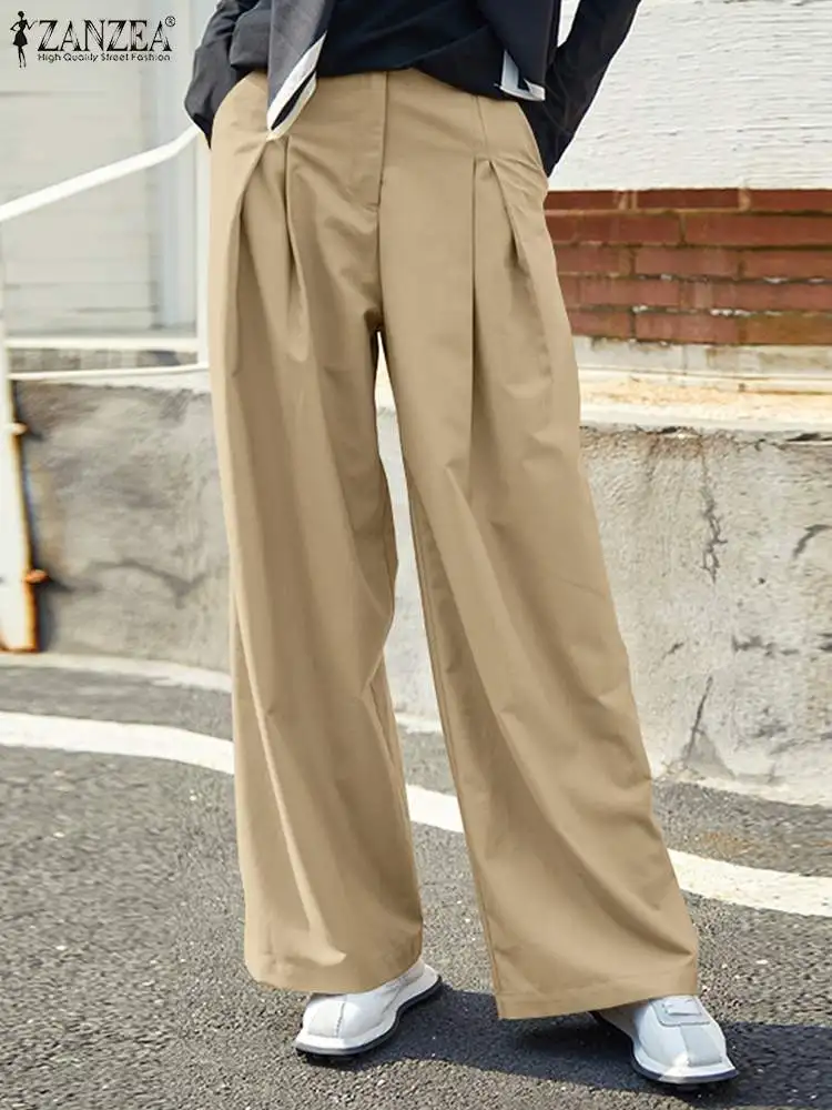

ZANZEA Spring Wide Leg Trousers Women High Waist Solid Loose Pants Oversized Pleated Long Pantalon Casual Work Palazzo Baggy