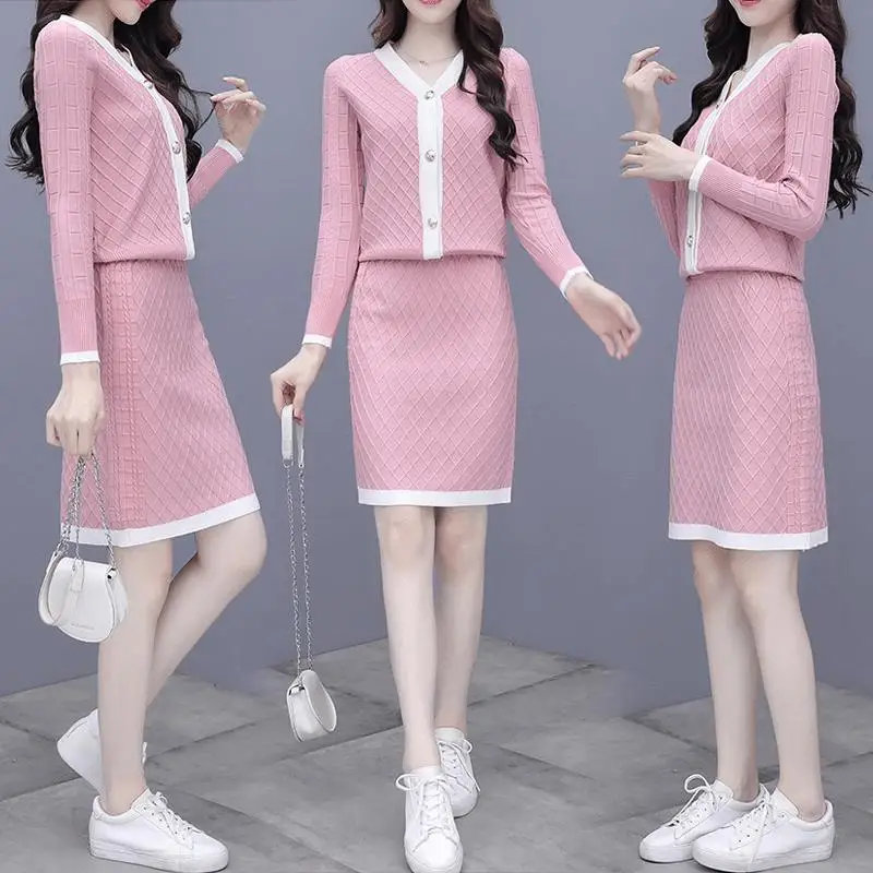 

Woman Knitted Two Piece Set Female Tops Cardigans and Slim Skirt Elegant Bodycon Suit Matching Outfits Ladies Skirts Suits G249