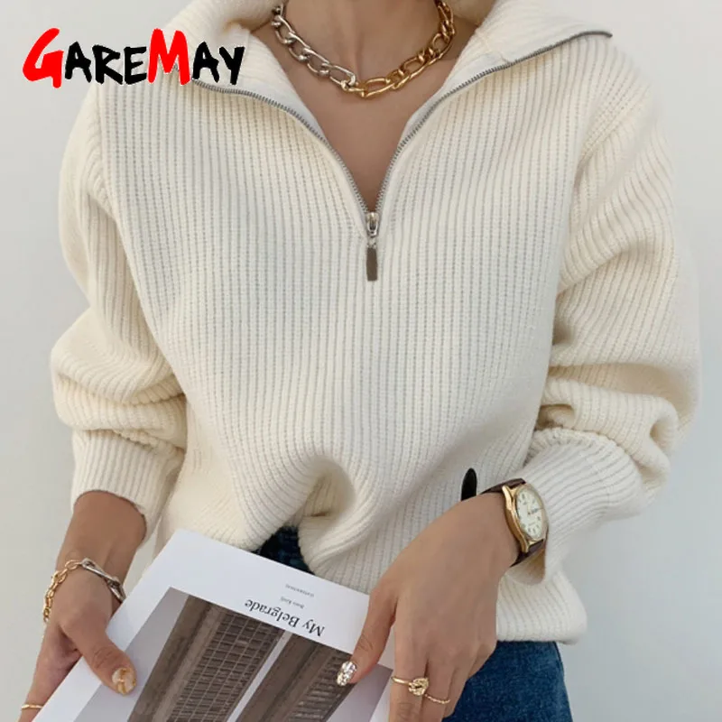 Зимний женский свитер с высоким воротом на молнии мягкий бежевый вязаный Свитер