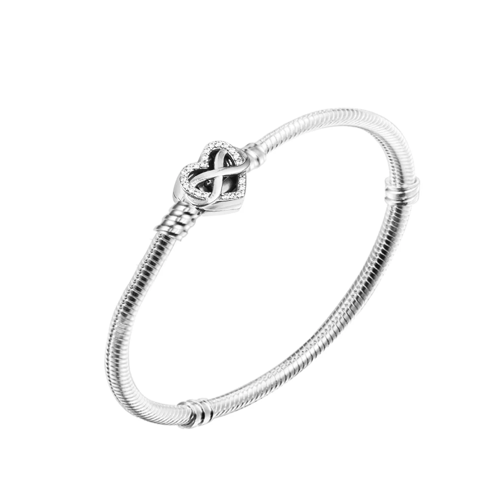 

QANDOCCI 2023 Mother Day Sparkling Infinity Heart Clasp Snake Chain Bracelet for Women 925 Silver DIY Fits for European Jeweller