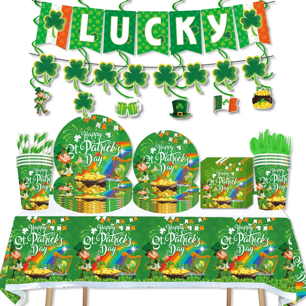 

Happy Birthday of St Patrick's Day Clover Party Decorative Tableware Paper Cup Napkin Party Colorful Flag Baby Bathing Supplies