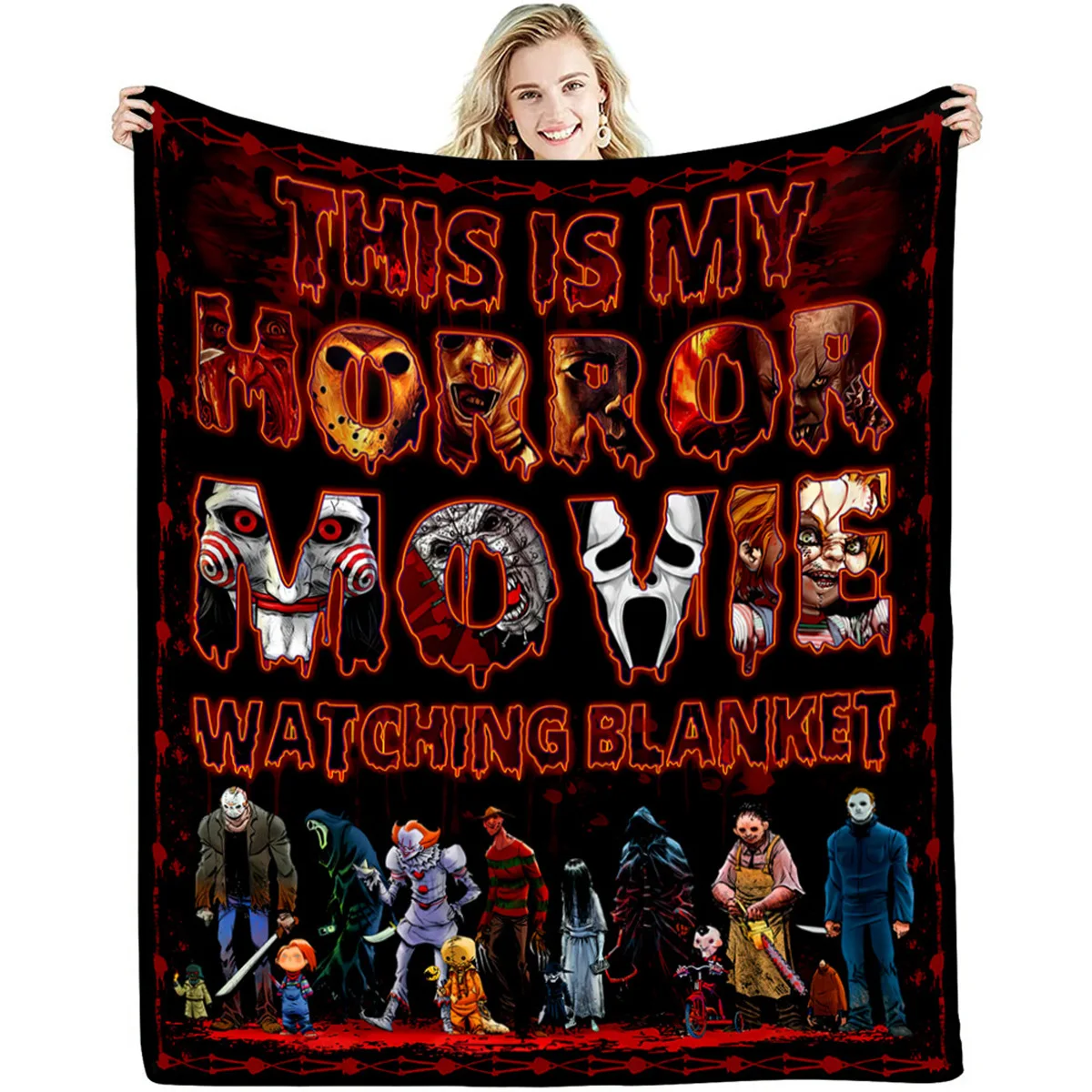 

This Is My Horror Movie Fleece Blanket, Watching Horror Blanket, Horror Characters Vintage Print Blanket, Blanket For Fan