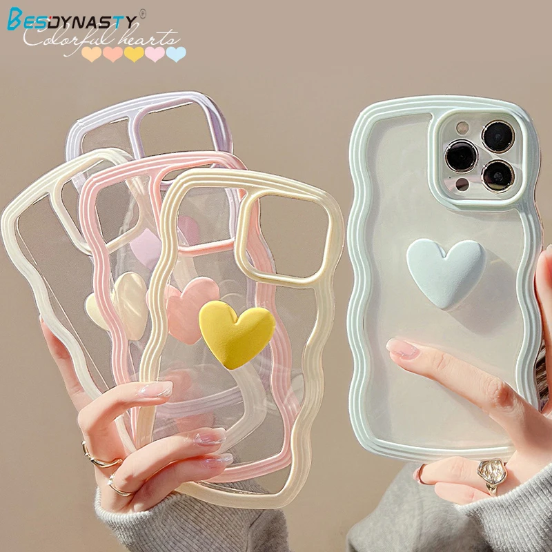 

BESD Sweet Girl Transparent Crystal Loveheart Wavy Border Phone Case For IPhone 13 Mini Pro Max Candy Color Cover Funda Iphone13
