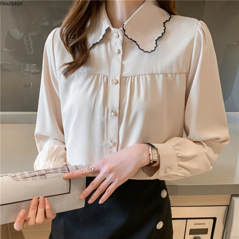 

Summer Autumn New Women's Blouses Polo Shirt Long Sleeve Top Stitching Solid Color Chiffon Casual Fashion Loose Houthion