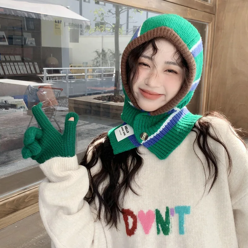 

@YYDS Color-blocked Striped Pullover Cap Warm Cap Fashion Autumn Scarf Toe Cap Hats for Women Beanie Balaclava Winter Hat