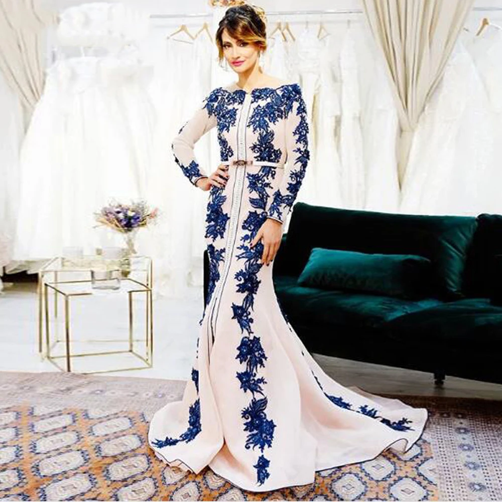 

GUXQD Dubai Blue Applqiues Pink Chiffon Kaftan Evening Dresses Mermaid Morrocan Formal Party Prom Gowns with Long Sleeve O-Neck
