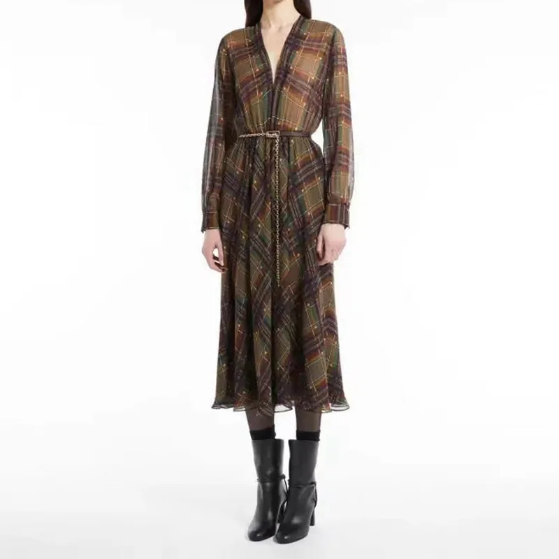 New Women Plaid Midi Dress Silk V-Neck Chain Lace-Up Long Sleeve Female Elastic Waist Robes