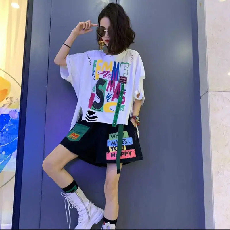 2023 Summer New Creative Printed Alphabet Ripped Personality Top Fashion Short Sleeve Shorts Casual Trend Hip Hop Two-Piece Suit