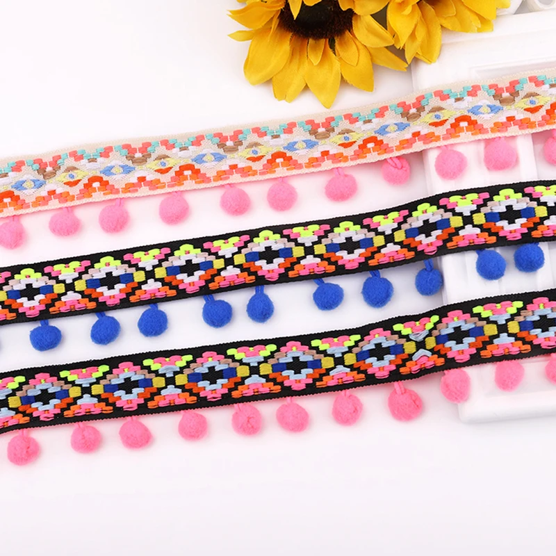

2 Yard Colorful Jacquard Ethnic Style Pom Poms Crafts DIY Sewing Supplies Clothing Eco-Friendly Tassel Lace Clothing Accessories