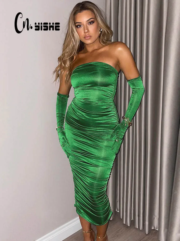 

CNYISHE Elegant Strapless Long Dress Sexy Birthday Party Outfits Autumn Off Shoulder Ruched Maxi Dresses Female Gown Dress Robes