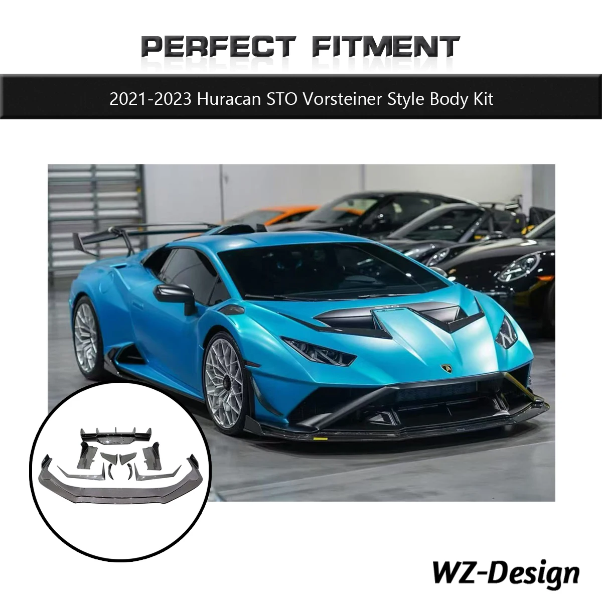 Фото Комплект обвеса из сухого карбона в стиле VRS для Huracan STO 2021-2023 годов выпуска, включая передний и задний аэродинамический обвес. №1