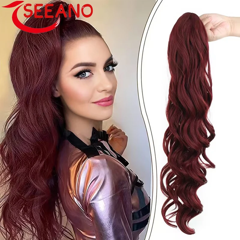 

SEEANO Synthetic Drawstring Ponytail Long Wavy Ponytail Hair Synthetic Clip in Hairpiece Black Wave Ponytail for Black Women