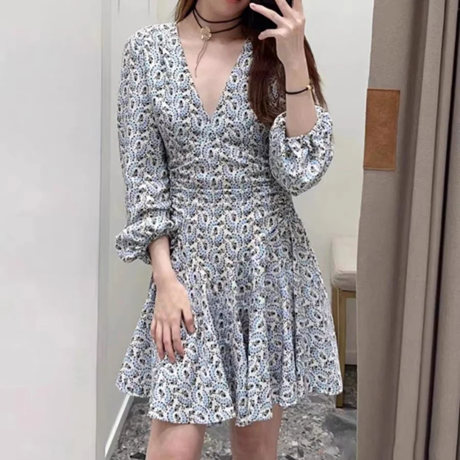 

Женское винтажное плиссированное платье мини с цветочным принтом, длинным рукавом-фонариком, V-образным вырезом и высокой талией для ранней осени 2023