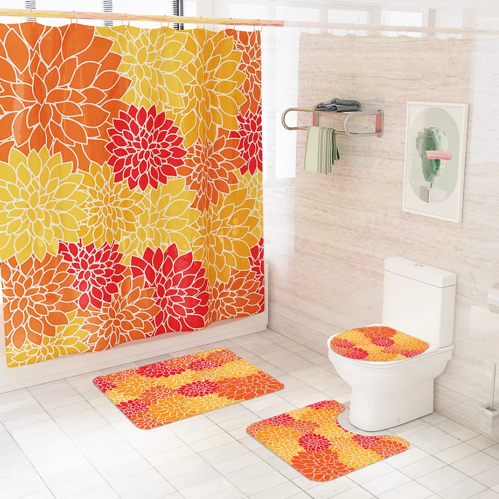 

Printed Waterproof Mat Shower Curtain Set Shower Curtain with Hooks Bath Rugs Anti Skid Bathroom Carpet Toilet Foot Bath Pads