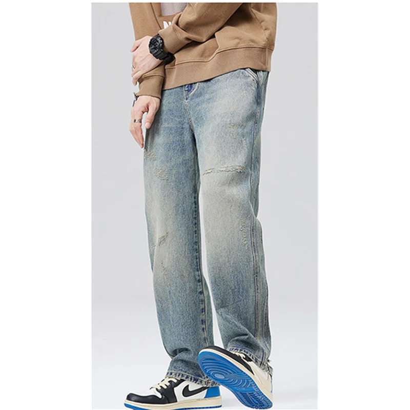 Streetwear Men Large Loose Broad Leg Blue Jeans Autumn and Winter New Pattern Falling Feeling Mopping The Floor Trousers Female