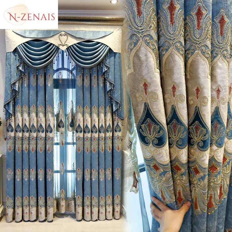 

European Blackout Luxury Curtain for Living Room Bedroom Embroidery Modern Decoration Drapes Window Blue Valance Elegant Villa