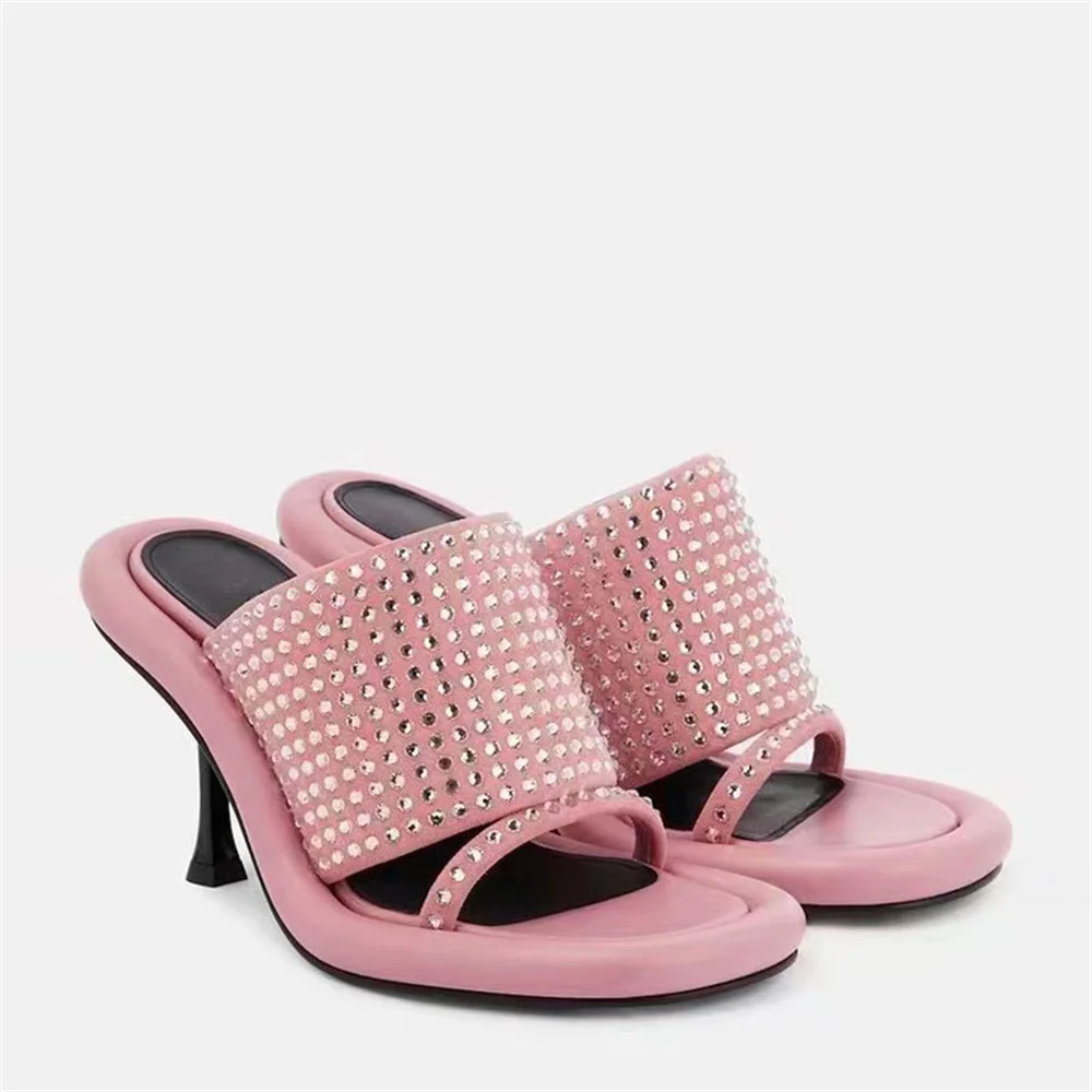 

Новинка лета 2023, модные женские пикантные сандалии на высоком каблуке-шпильке с круглым носком, подиум, со стразами