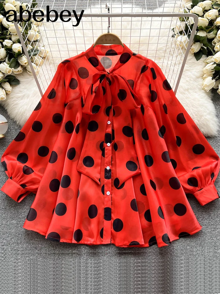 

Fashion Women White Shirts 2022 Tunics Summer Polka Dot Blouses Button Loose Long Lantern Sleeve Lapel Elegant Party Tops
