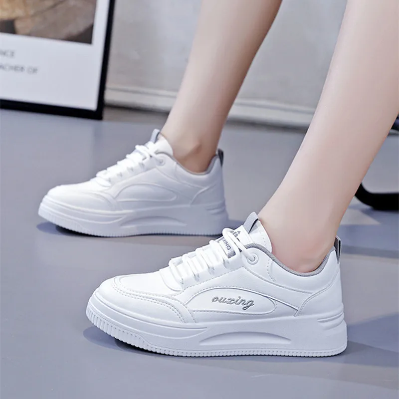 White Women Sneakers Fashion Breathable Leather Flat Shoes Woman Outdoor Lace Up Vulcanized Shoes Platform Sneakers Zapatos