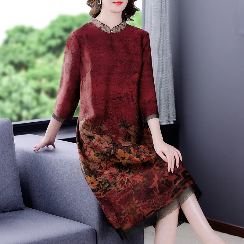 Женское Повседневное платье миди из натурального шелка красное винтажное