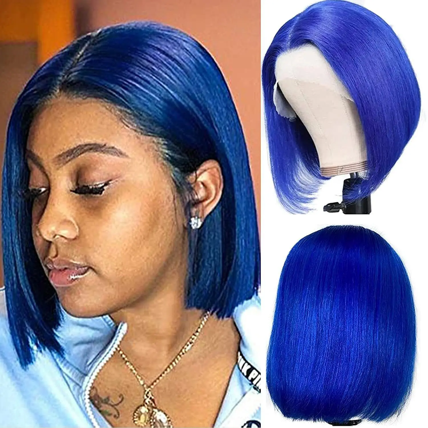 

Blue Bob 13×4 Lace Front Wigs Pre Plucked With Baby Hair 180% Density Glueless Lace Wigs Short Straight Bob Human Hair Wigs