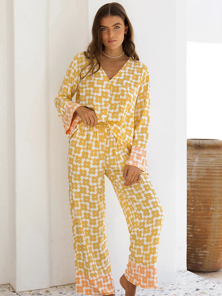 

Linad Print Women's Home Clothes Patchwork 2 Piece Sets Long Sleeve V Neck Sleepwear Female Loose Trouser Suits Autumn 2022