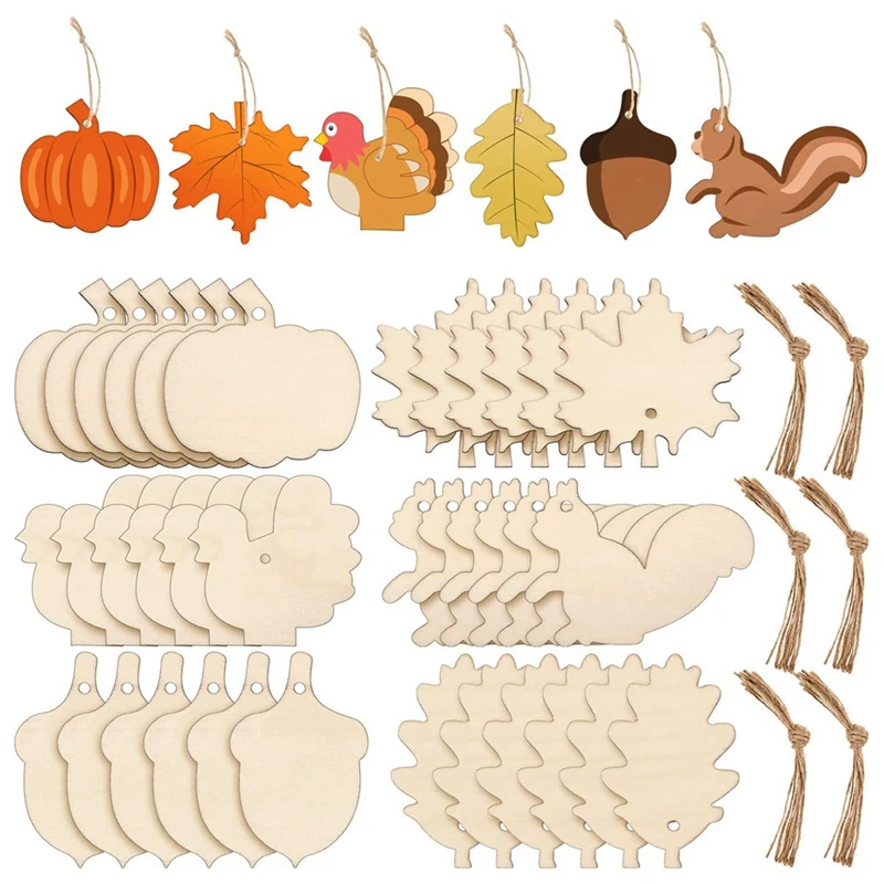 

36 штук Незаконченные деревянные украшения на День Благодарения кленовые листья Тыква деревянный вырез белка желудь без рисунка, 6 стилей