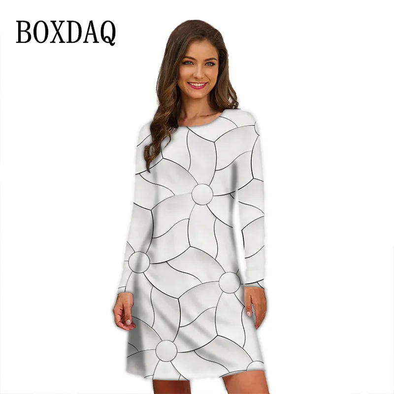 

Floral Geometry Graphic Print Dress Women Harajuku Long Sleeve Dress Autumn Fashion Streetwear Casual Simple Oversized Clothing