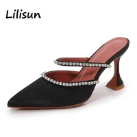pointed toe mules slippers women high heels pointed toe sandals rhinestone comfy ladies slip on party dress shoes plus size 42