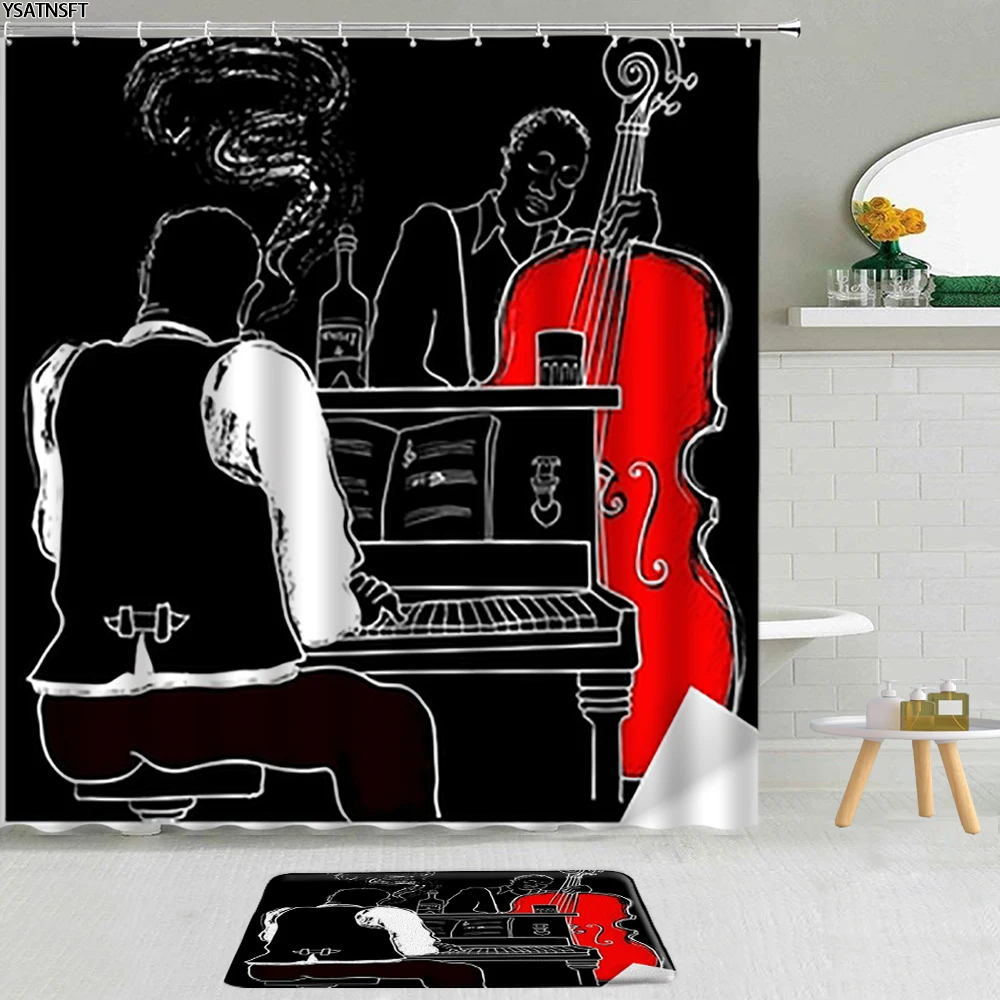 

2pc Set Cartoon Musician Silhouette Shower Curtain Bath Mat Flannel Non-slip Absorbent Toile Carpet Bathroom Decor Rugs Doormat