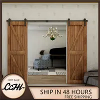 CCJH Sliding Barn Door Hardware Kit Closet Rail System I Style Roller Hanger for Double Wood Doors Smoothly & Silently Black